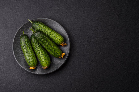 Fresh raw whole cucumbers, an ingredient for preparing salads and vegetarian dishes. Green fresh cucumbers as a backdrop for your design.の写真素材