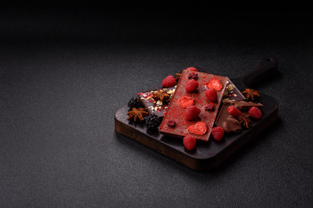 Bar sweet craft artisan chocolate with dried fruits made at home. Craft chocolate as a background...