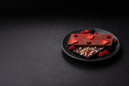 Bar sweet craft artisan chocolate with dried fruits made at home. Craft chocolate as a background for your designの写真素材
