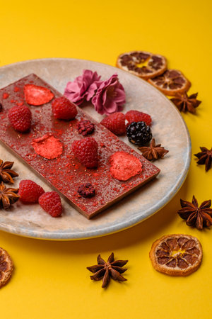 Bar sweet craft artisan chocolate with dried fruits made at home. Craft chocolate as a background...
