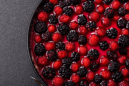 Pie, cheesecake with raspberries and blackberries, mascarpone cheese. Piece of cheesecake, sweet dessert with berriesの写真素材