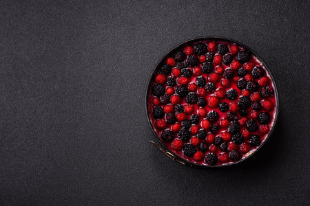 Pie, cheesecake with raspberries and blackberries, mascarpone cheese. Piece of cheesecake, sweet dessert with berriesの写真素材
