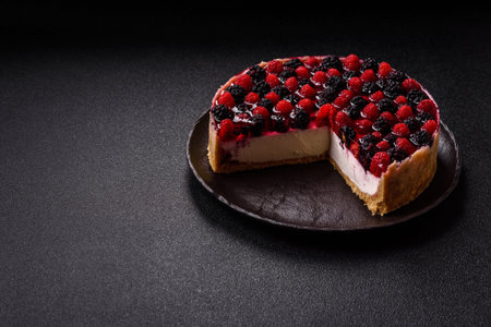 Pie, cheesecake with raspberries and blackberries, mascarpone cheese. Piece of cheesecake, sweet...