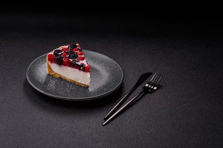 Pie, cheesecake with raspberries and blackberries, mascarpone cheese. Piece of cheesecake, sweet dessert with berriesの写真素材