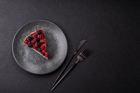 Pie, cheesecake with raspberries and blackberries, mascarpone cheese. Piece of cheesecake, sweet...