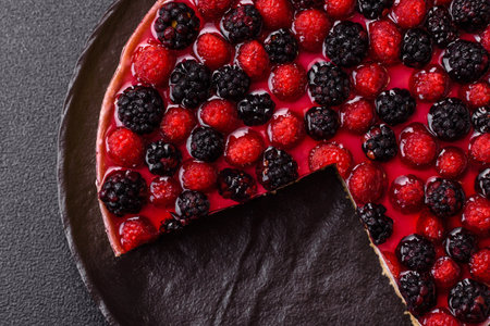 Pie, cheesecake with raspberries and blackberries, mascarpone cheese. Piece of cheesecake, sweet dessert with berriesの写真素材