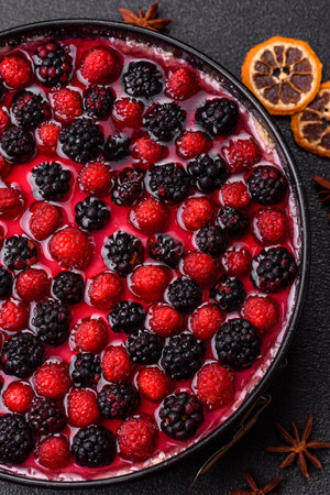 Pie, cheesecake with raspberries and blackberries, mascarpone cheese. Piece of cheesecake, sweet dessert with berriesの写真素材