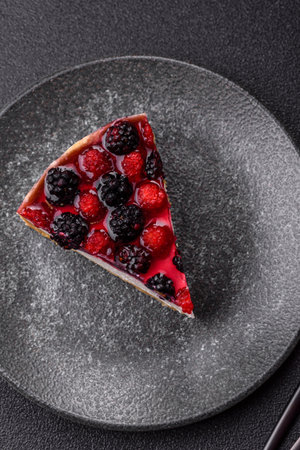 Pie, cheesecake with raspberries and blackberries, mascarpone cheese. Piece of cheesecake, sweet dessert with berriesの写真素材