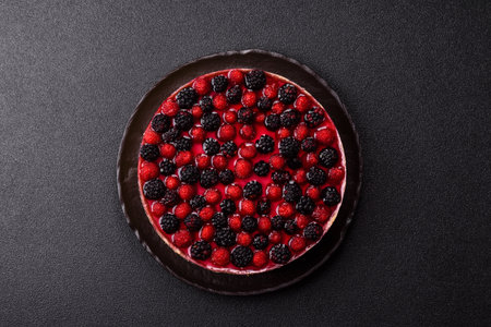 Pie, cheesecake with raspberries and blackberries, mascarpone cheese. Piece of cheesecake, sweet dessert with berriesの写真素材