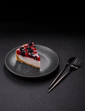 Pie, cheesecake with raspberries and blackberries, mascarpone cheese. Piece of cheesecake, sweet...