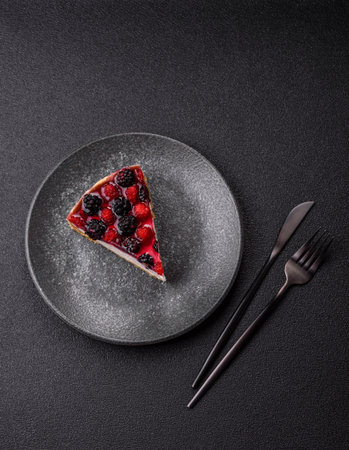 Pie, cheesecake with raspberries and blackberries, mascarpone cheese. Piece of cheesecake, sweet dessert with berriesの写真素材