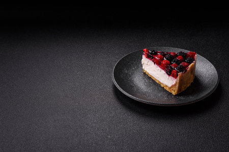 Pie, cheesecake with raspberries and blackberries, mascarpone cheese. Piece of cheesecake, sweet dessert with berriesの写真素材