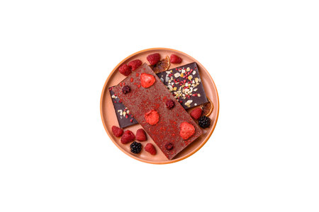 Bar sweet craft artisan chocolate with dried fruits made at home. Craft chocolate as a background...