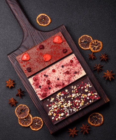 Bar sweet craft artisan chocolate with dried fruits made at home. Craft chocolate as a background...