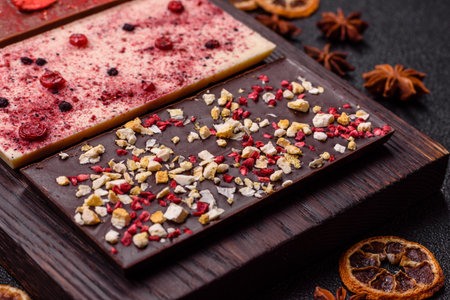 Bar sweet craft artisan chocolate with dried fruits made at home. Craft chocolate as a background...