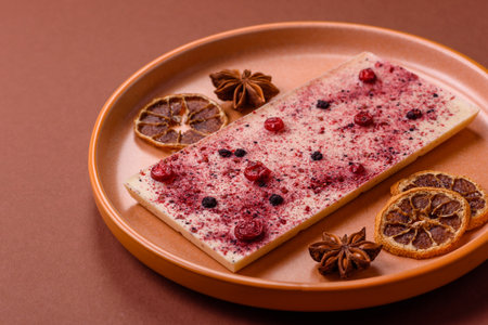 Bar sweet craft artisan chocolate with dried fruits made at home. Craft chocolate as a background...