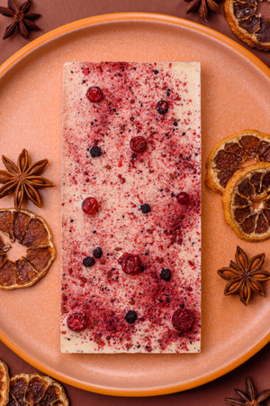 Bar sweet craft artisan chocolate with dried fruits made at home. Craft chocolate as a background...