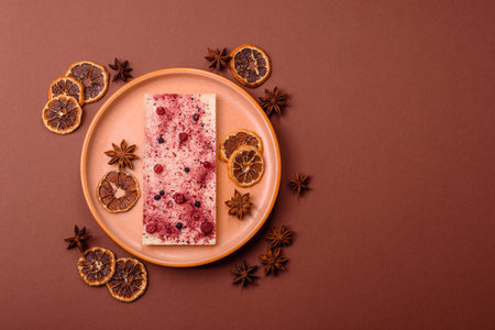 Bar sweet craft artisan chocolate with dried fruits made at home. Craft chocolate as a background...