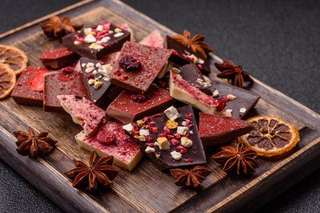 Bar sweet craft artisan chocolate with dried fruits made at home. Craft chocolate as a background for your designの写真素材