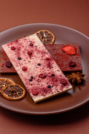 Bar sweet craft artisan chocolate with dried fruits made at home. Craft chocolate as a background...