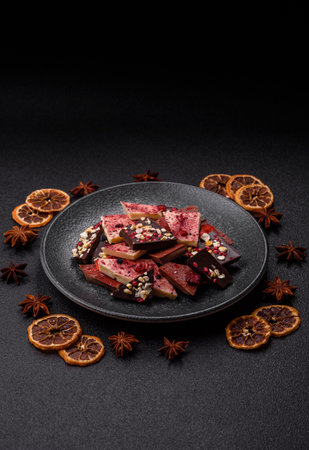 Bar sweet craft artisan chocolate with dried fruits made at home. Craft chocolate as a background...