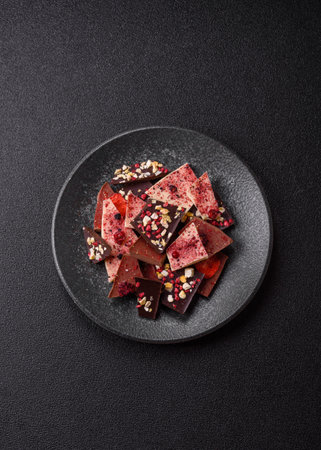 Bar sweet craft artisan chocolate with dried fruits made at home. Craft chocolate as a background...