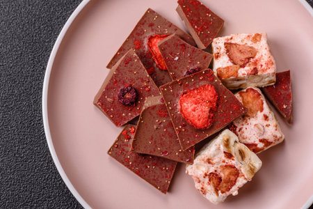 Bar sweet craft artisan chocolate with dried fruits made at home. Craft chocolate as a background for your designの写真素材