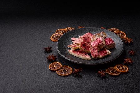 Bar sweet craft artisan chocolate with dried fruits made at home. Craft chocolate as a background...