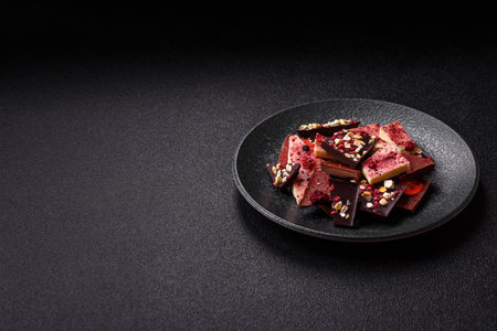Bar sweet craft artisan chocolate with dried fruits made at home. Craft chocolate as a background...