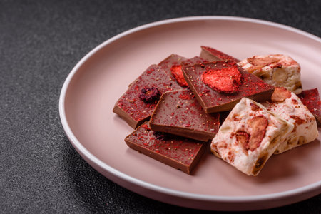 Bar sweet craft artisan chocolate with dried fruits made at home. Craft chocolate as a background for your designの写真素材