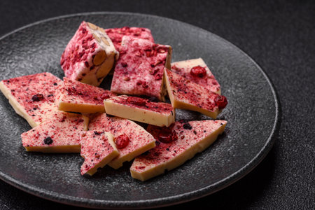 Bar sweet craft artisan chocolate with dried fruits made at home. Craft chocolate as a background for your designの写真素材