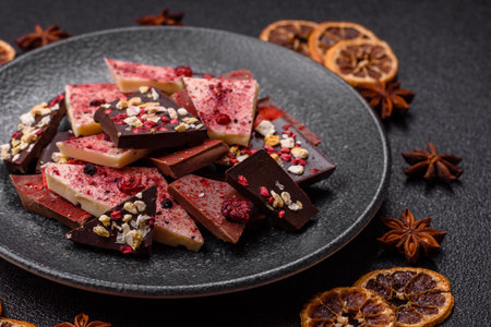 Bar sweet craft artisan chocolate with dried fruits made at home. Craft chocolate as a background...
