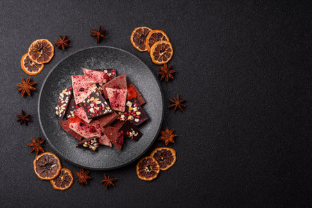Bar sweet craft artisan chocolate with dried fruits made at home. Craft chocolate as a background for your designの写真素材