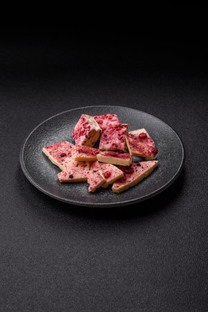 Bar sweet craft artisan chocolate with dried fruits made at home. Craft chocolate as a background...
