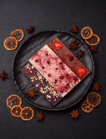 Bar sweet craft artisan chocolate with dried fruits made at home. Craft chocolate as a background...