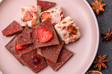 Bar sweet craft artisan chocolate with dried fruits made at home. Craft chocolate as a background for your designの写真素材