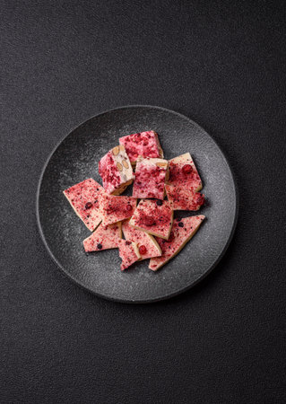 Bar sweet craft artisan chocolate with dried fruits made at home. Craft chocolate as a background...