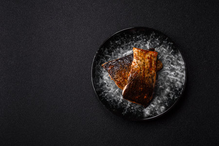 Food, seafood, grilled fish fillet with lemon, salt and spices. Grilled fish fillet for lunch, healthy foodの写真素材