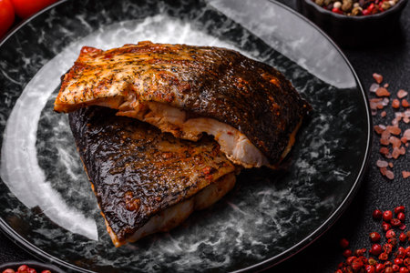 Food, seafood, grilled fish fillet with lemon, salt and spices. Grilled fish fillet for lunch,...