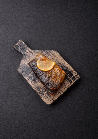 Food, seafood, grilled fish fillet with lemon, salt and spices. Grilled fish fillet for lunch, healthy foodの写真素材