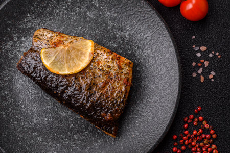 Food, seafood, grilled fish fillet with lemon, salt and spices. Grilled fish fillet for lunch,...