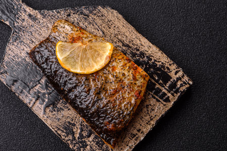 Food, seafood, grilled fish fillet with lemon, salt and spices. Grilled fish fillet for lunch,...