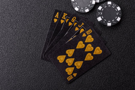 Playing card game poker in casino with chips, bets and risk. Cards and chips on green felt as...