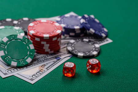 Dice game Craps in casino with chips, bets and risk. Craps game with all attributes as a background for your designの写真素材