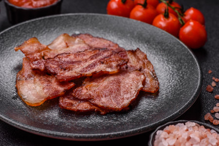 Cooked fried crispy bacon as an ingredient of a delicious English breakfast. Pieces of fried bacon as a background for your designの写真素材