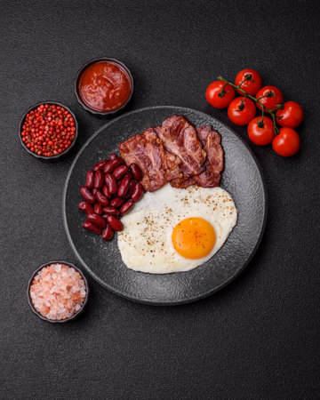 Fried egg, bacon and beans, a classic British breakfast with tomatoes. Egg, bacon and beans as a...