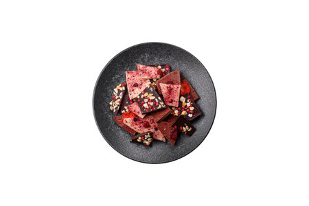 Bar sweet craft artisan chocolate with dried fruits made at home. Craft chocolate as a background...