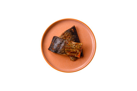 Food, seafood, grilled fish fillet with lemon, salt and spices. Grilled fish fillet for lunch,...