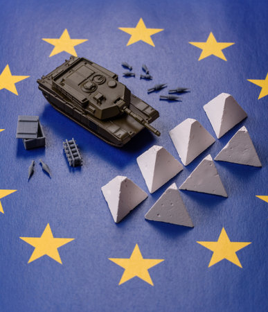 Anti-tank barrier or dragon's teeth made of concrete and iron as a fortification. Dragon's teeth as protection against enemy tanksの写真素材