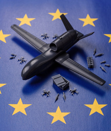 EU drone unmanned autonomous technology of espionage and strikes on the enemy, Europe defense against invadersの写真素材